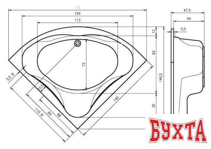 Ванна Riho Neo 140x140 (без ножек) 2