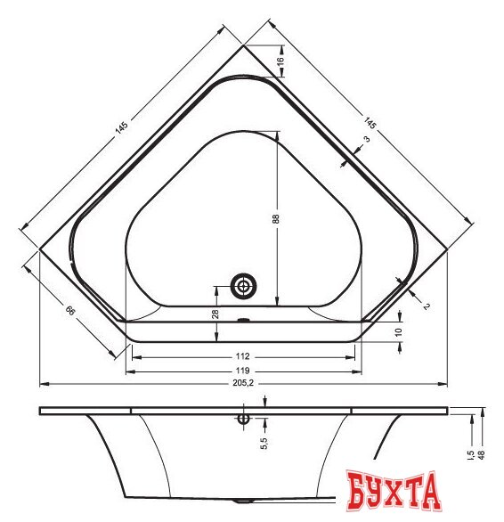 Ванна Riho Austin 145x145 (без ножек) 2