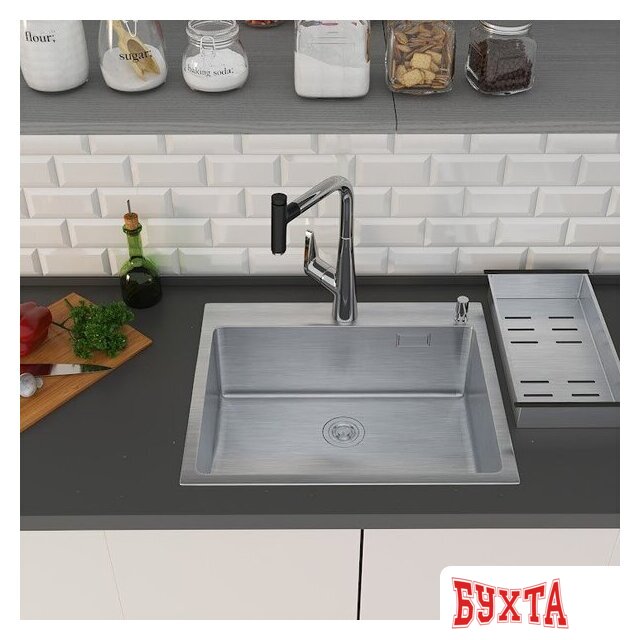 Кухонная мойка Roxen Simple 560220-50 сатин (с коландером и дозатором) 3