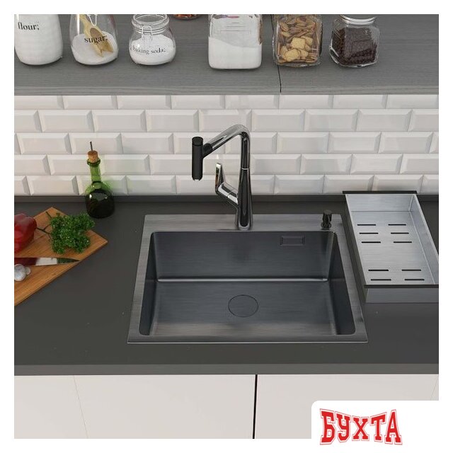 Кухонная мойка Roxen Simple 560220-50B PVD графит (с коландером и дозатором) 3