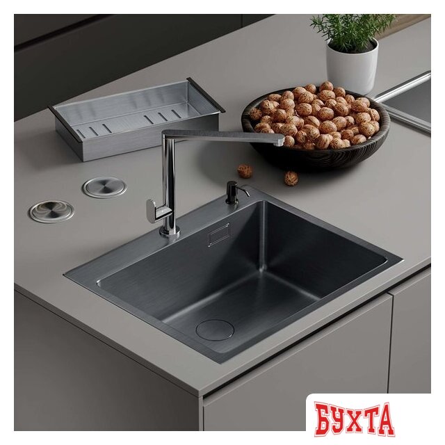 Кухонная мойка Roxen Simple 560220-60B PVD графит (с коландером и дозатором)