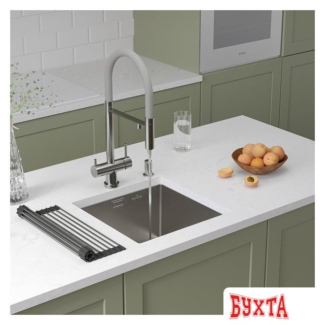 Кухонная мойка Roxen Uno 560210-44 (440*440) сатин под столешницу (с ролл-матом и дозатором) 2