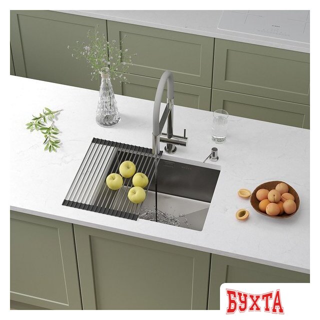 Кухонная мойка Roxen Uno 560210-54 под столешницу сатин/матовая поверхность (ролл-мат, дозатор, сифон)