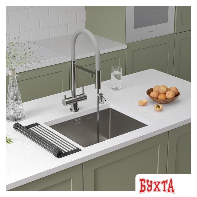 Кухонная мойка Roxen Uno 560210-54 под столешницу сатин/матовая поверхность (ролл-мат, дозатор, сифон) 2