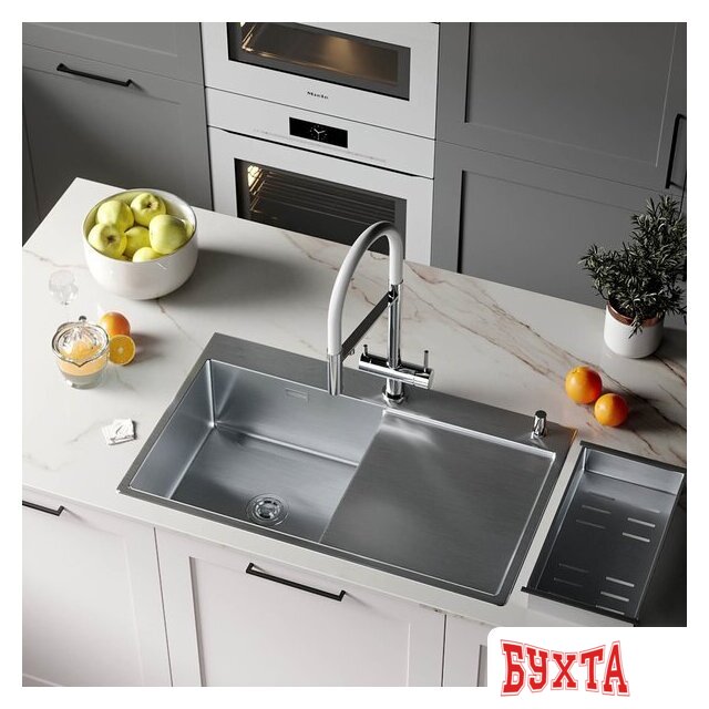 Кухонная мойка Roxen Vespa 560230-70L сатин (с коландером и дозатором) 2