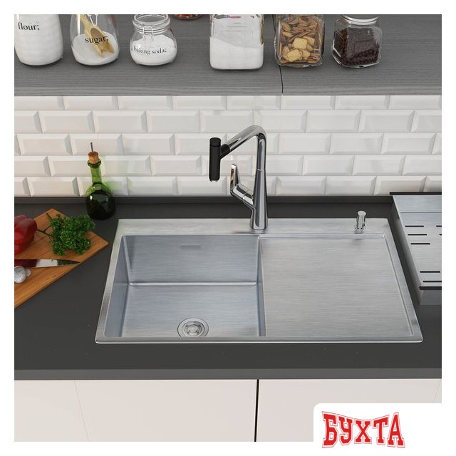 Кухонная мойка Roxen Vespa 560230-70L сатин (с коландером и дозатором) 3