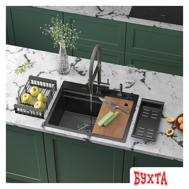 Кухонная мойка Roxen Stage 560250-60-BS оружейная сталь (с держателем для ножей и аксессуарами)
