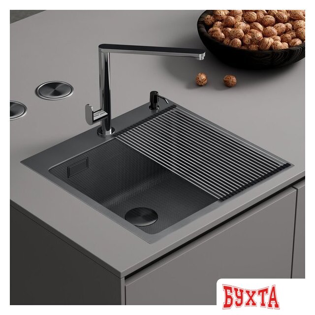Кухонная мойка Roxen Snake 560220-45-BS PVD графит/текстурная поверхность (с ролл-матом и дозатором)