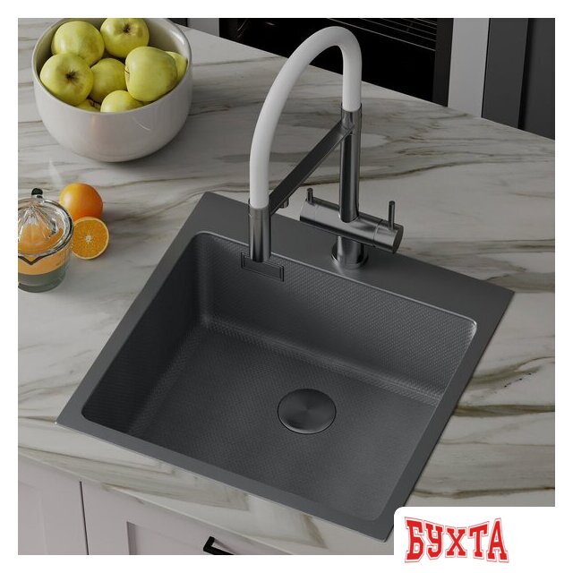 Кухонная мойка Roxen Snake 560220-50-BS (50*48) PVD графит/текстурная поверхность (с коландером и дозатором) 4