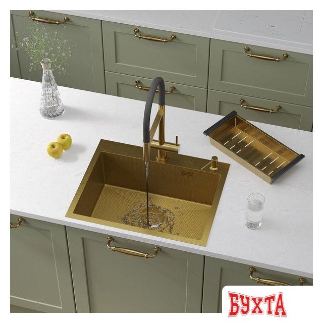 Кухонная мойка Roxen Snake 560220-60-GS PVD Gold золотая/текстурная (с коландером и дозатором)