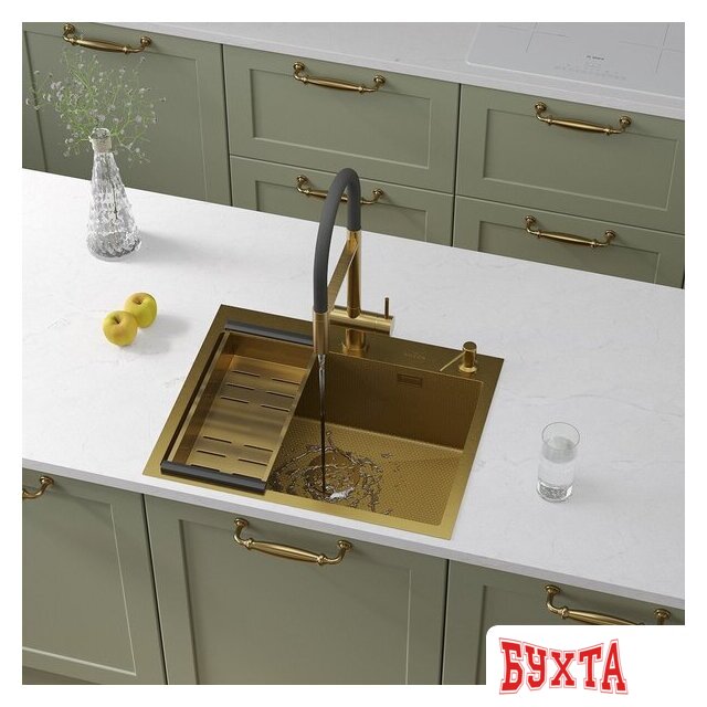 Кухонная мойка Roxen Snake 560220-60-GS PVD Gold золотая/текстурная (с коландером и дозатором) 2