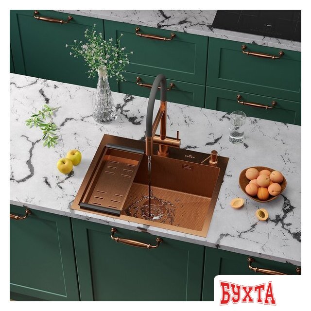 Кухонная мойка Roxen Snake 560220-60-BRS бронзовая/текстурная (с коландером и дозатором) 2