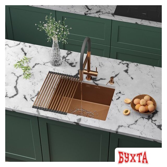 Кухонная мойка Roxen Uno 560210-54-BRS PVD бронзовая/текстурная (с ролл-матом и дозатором)