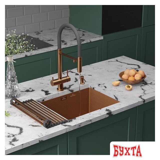 Кухонная мойка Roxen Uno 560210-54-BRS PVD бронзовая/текстурная (с ролл-матом и дозатором) 2