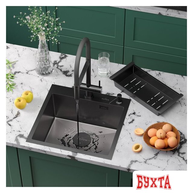 Кухонная мойка Roxen Simple 560220-50B-V графит/текстурная PVD покрытие (с коландером и дозатором)