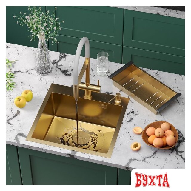 Кухонная мойка Roxen Simple 560220-50G-V золото/текстурная PVD покрытие (с коландером и дозатором)