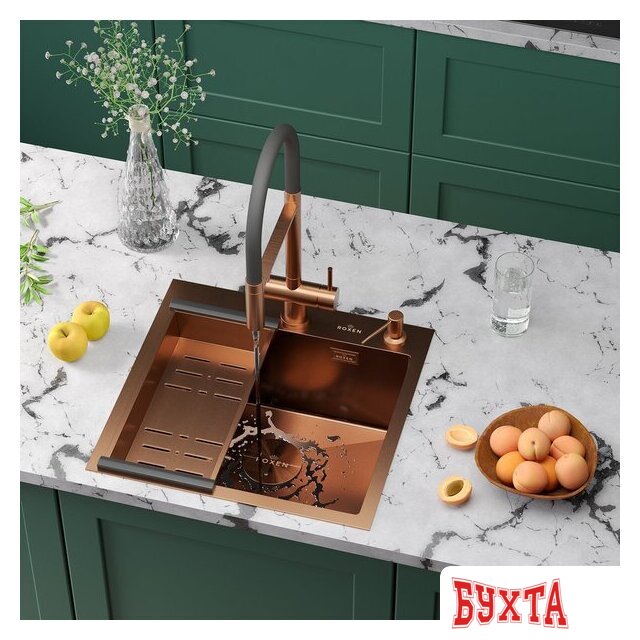 Кухонная мойка Roxen Simple 560220-50BR-V бронза/текстурная PVD покрытие (с коландером и дозатором) 2