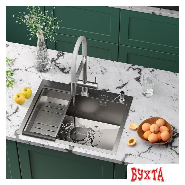 Кухонная мойка Roxen Simple 560220-60-V сатин/текстурная (с коландером и дозатором) 2