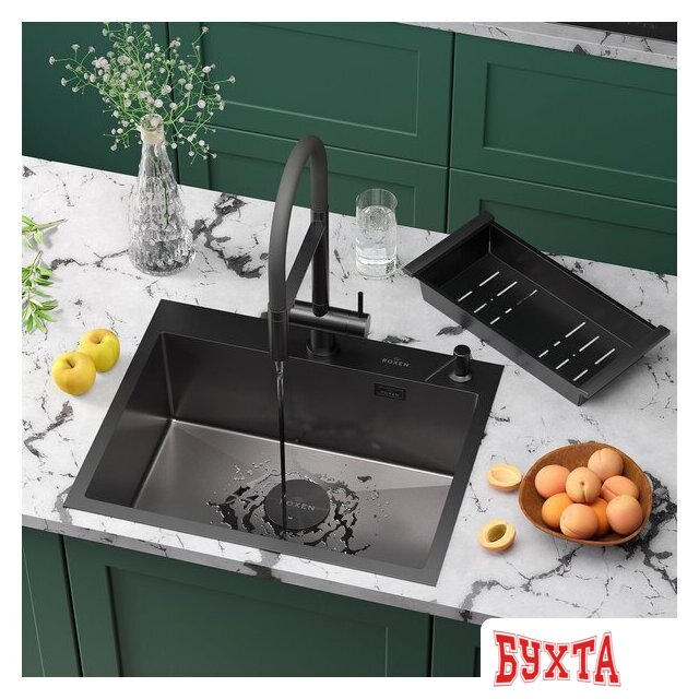 Кухонная мойка Roxen Simple 560220-60B-V графит/текстурная PVD покрытие (с коландером и дозатором)