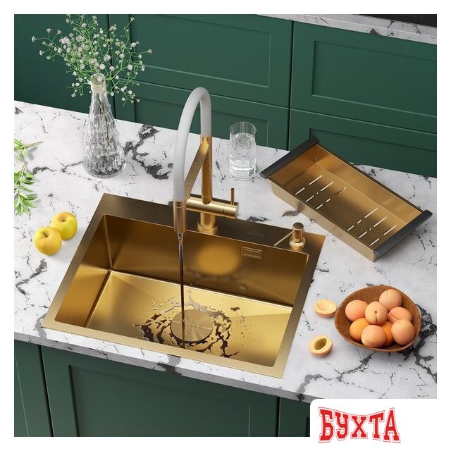 Кухонная мойка Roxen Simple 560220-60G-V золото/текстурная PVD покрытие (с коландером и дозатором)