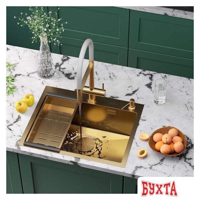 Кухонная мойка Roxen Simple 560220-60G-V золото/текстурная PVD покрытие (с коландером и дозатором) 2