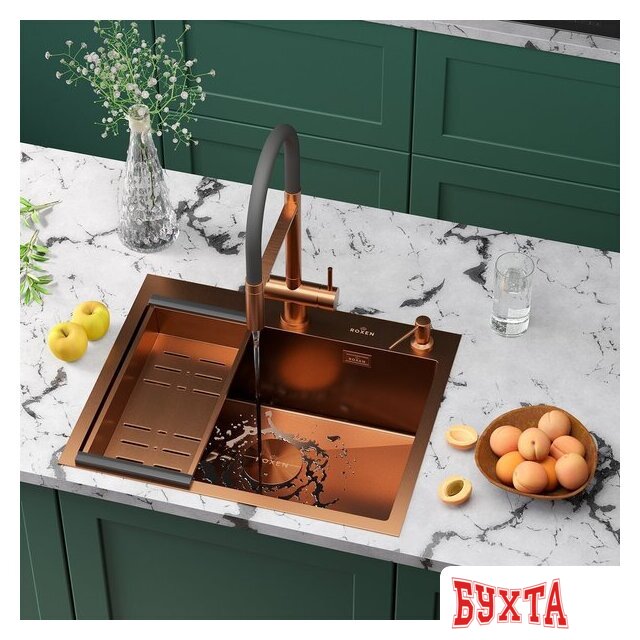 Кухонная мойка Roxen Simple 560220-60BR-V бронза/текстурная PVD покрытие (с коландером и дозатором) 2