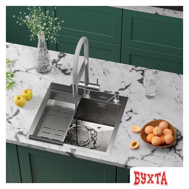 Кухонная мойка Roxen Simple 560220-50-GR сатин/текстурная (с коландером и дозатором) 3