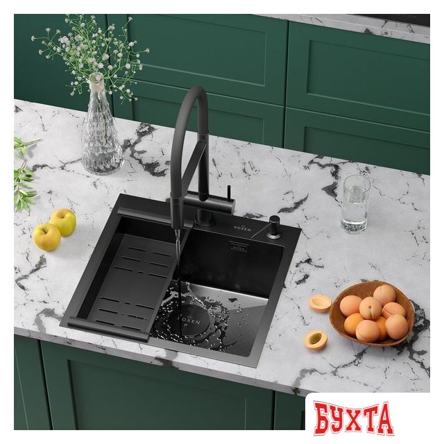 Кухонная мойка Roxen Simple 560220-50B-GR графит/текстурная PVD покрытие (с коландером и дозатором) 3