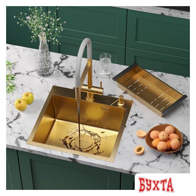 Кухонная мойка Roxen Simple 560220-50G-GR золото/текстурная PVD покрытие (с коландером и дозатором) 2