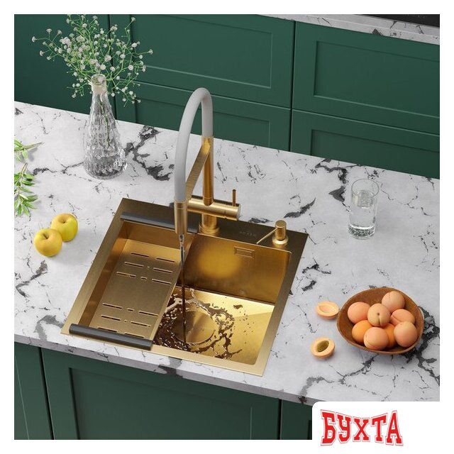 Кухонная мойка Roxen Simple 560220-50G-GR золото/текстурная PVD покрытие (с коландером и дозатором) 3