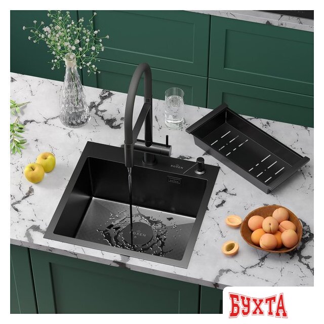 Кухонная мойка Roxen Simple 560220-60B-GR графит/текстурная PVD покрытие (с коландером и дозатором) 2