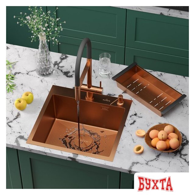 Кухонная мойка Roxen Simple 560220-60BR-GR бронза/текстурная PVD покрытие (с коландером и дозатором) 3