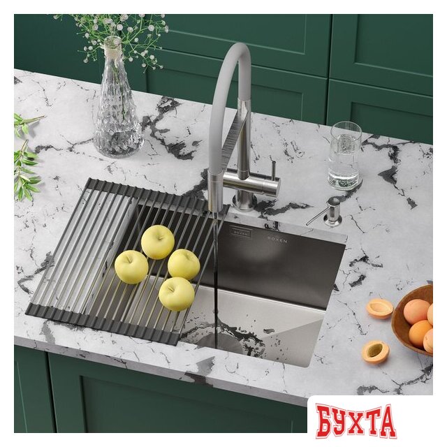 Кухонная мойка Roxen Uno 560210-54-V сатин/текстурная (с ролл-матом и дозатором)