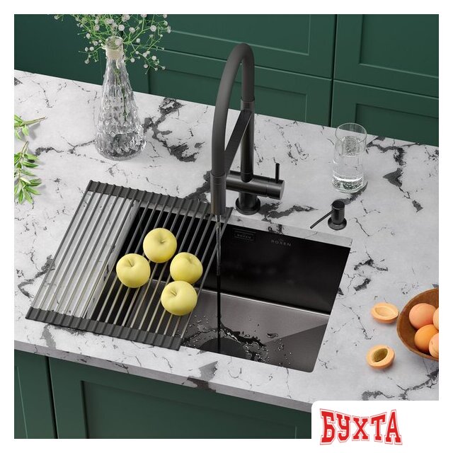 Кухонная мойка Roxen Uno 560210-54B-V графит/текстурная PVD покрытие (с ролл-матом и дозатором)