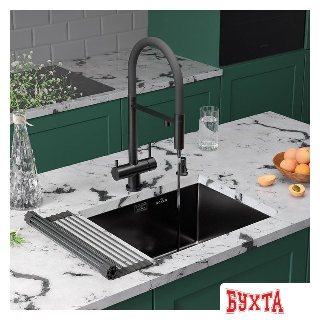 Кухонная мойка Roxen Uno 560210-54B-V графит/текстурная PVD покрытие (с ролл-матом и дозатором) 2
