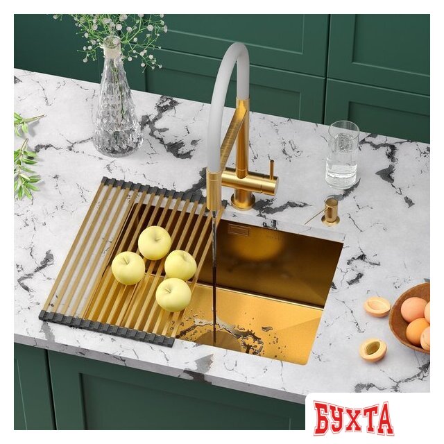 Кухонная мойка Roxen Uno 560210-54G-V золото/текстурная PVD покрытие (с ролл-матом и дозатором)