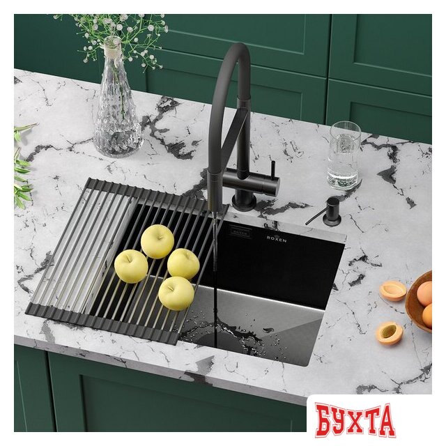Кухонная мойка Roxen Uno 560210-54B-GR графит/текстурная PVD покрытие (с ролл-матом и дозатором) 2