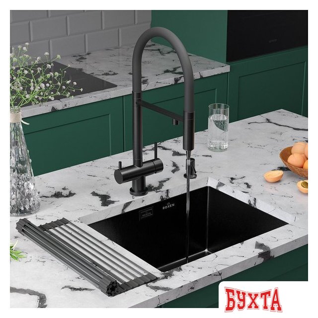 Кухонная мойка Roxen Uno 560210-54B-GR графит/текстурная PVD покрытие (с ролл-матом и дозатором) 3
