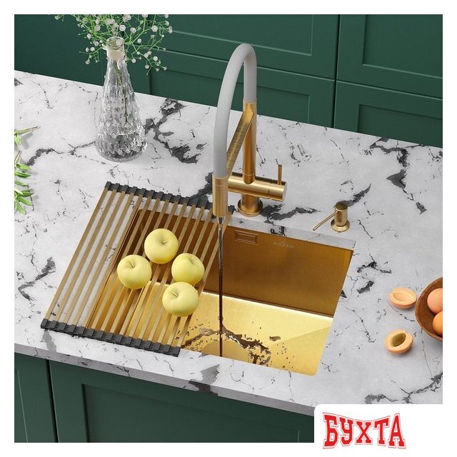 Кухонная мойка Roxen Uno 560210-54G-GR золото/текстурная PVD покрытие (с ролл-матом и дозатором) 2