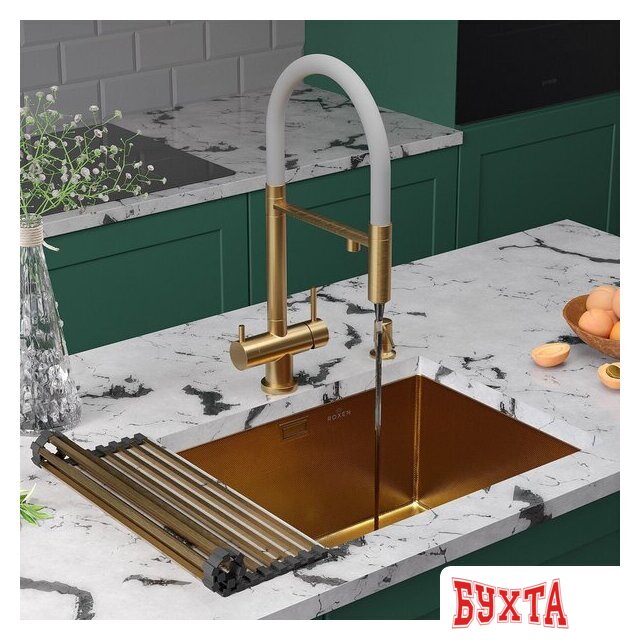 Кухонная мойка Roxen Uno 560210-54G-GR золото/текстурная PVD покрытие (с ролл-матом и дозатором) 3