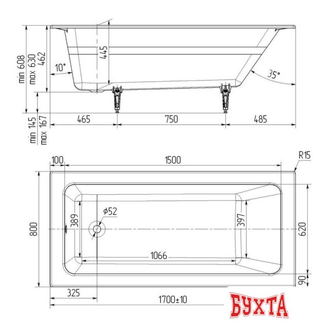 Ванна Универсал Оптима Ультра 170x80 (с ножками) 3