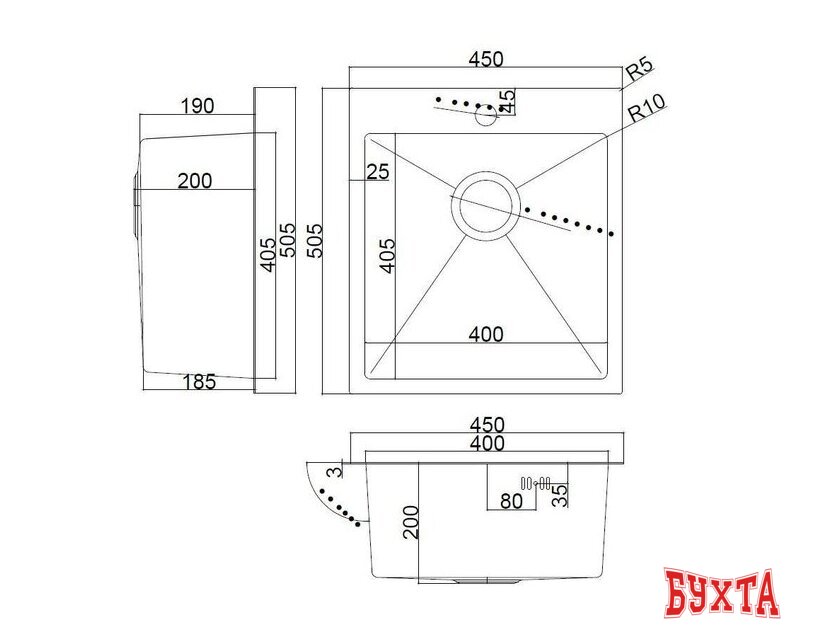 Кухонная мойка ARFEKA AF 450*505 Black PVD Nano 3