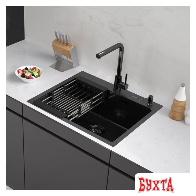 Кухонная мойка ARFEKA ECO AR мойка 600*500, коландер, дозатор BLACK DECOR MILLET GRAINS