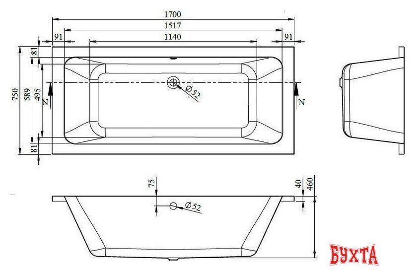 Ванна Bonito Home Oslo 170x75 BH-OS-701-170-75/Su (с ножками) 3