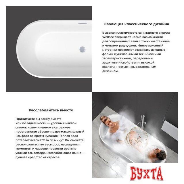 Ванна Wellsee Shell 180x80 28170401R (отдельностоящая ванна белый глянец, экран, ножки, сифон-автомат хром) 5