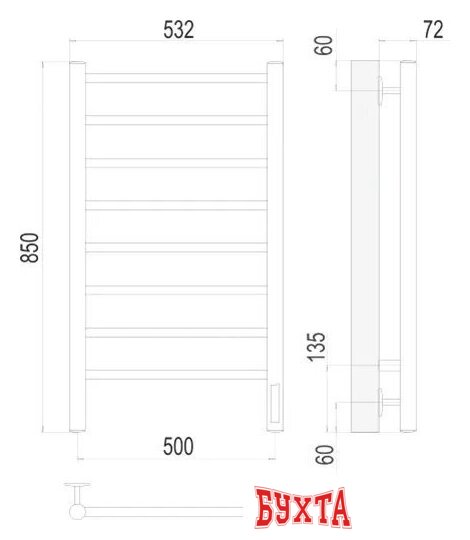 Полотенцесушитель TERMINUS Аврора П8 500х850 (золото, Quick Touch) 2