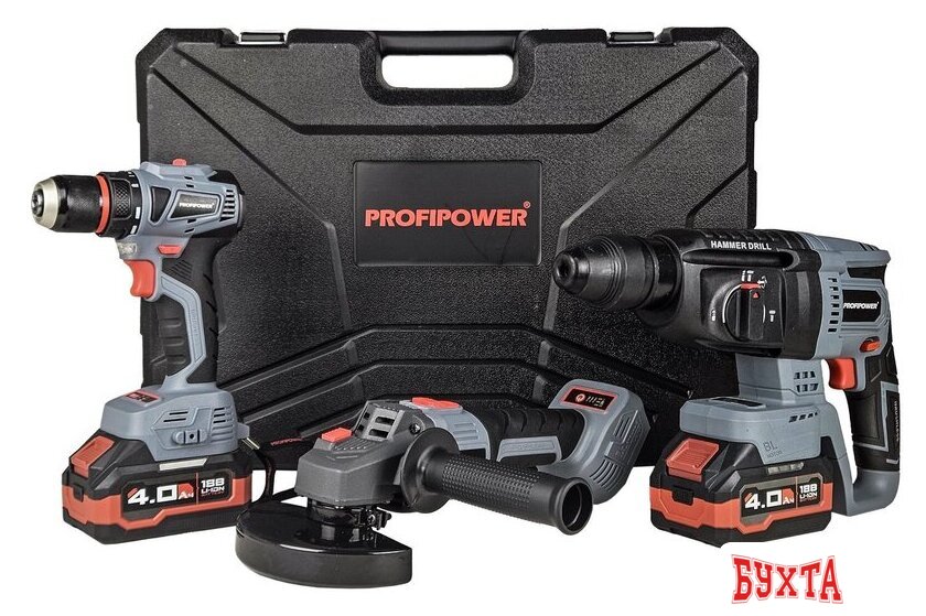 Наборы электроинструментов Profipower ProfiSet-3E18 E0247 (шуруповерт, перфоратор, болгарка, 2 АКБ, кейс)