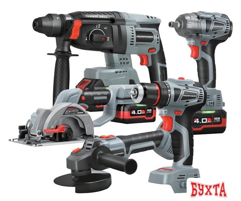 Наборы электроинструментов Profipower ProfiSet-5F18 E0267 (болгарка, гайковерт, перфоратор, шуруповерт, циркулярка, 3 АКБ, кейс)