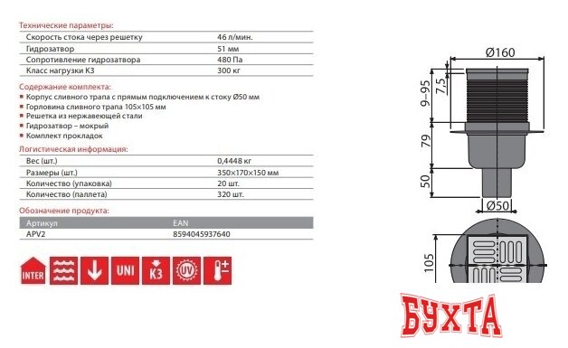 Трап/канал Alcaplast APV2 2