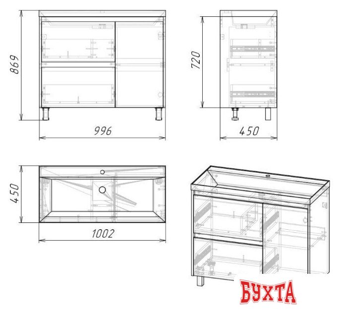 Мебель для ванных комнат Axus Тумба под умывальник Джой 100 (2 ящика) 3